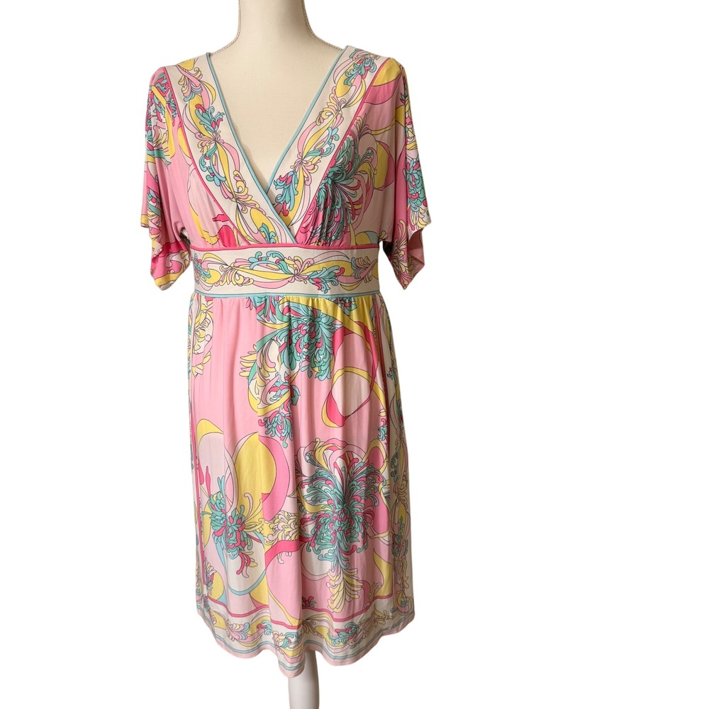 New Directions Pink Psychedelic Floral Empire Waist Dress Womens 14 Mod V-Neck